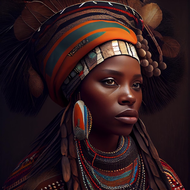Portret realistycznej grafiki afrykańskiej kobiety o mocnych rysach twarzy w narodowych strojach Obraz generowany przez sztuczną inteligencję