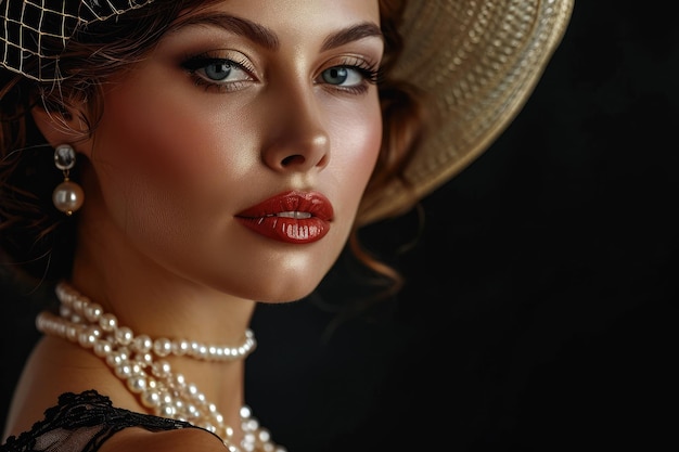 Portret romantycznej kobiety w stylu retro dziewczyna w staromodnym kapeluszu perły naszyjnik