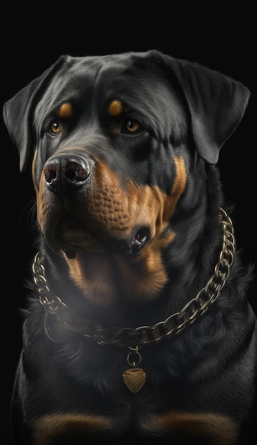 Portret rottweilera z czarnym tłem.