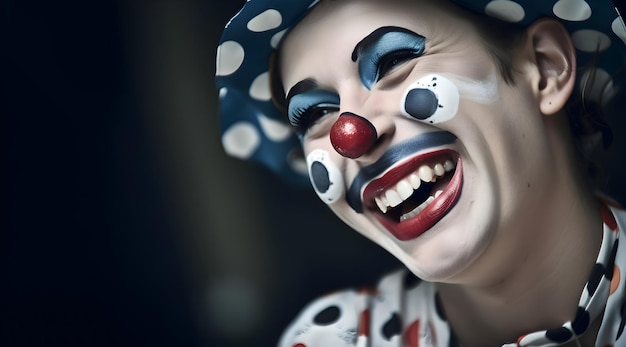 Portret roześmianej kobiety klauna z pomalowaną twarzą Koncepcja Światowego Dnia Śmiechu Obchody Prima Aprilis Generacyjna sztuczna inteligencja