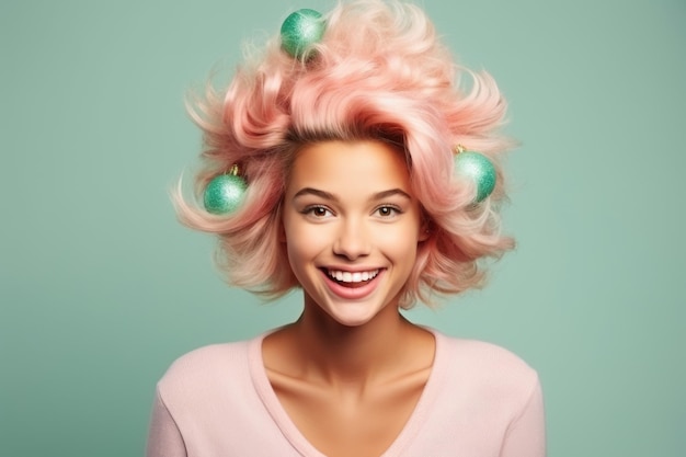 Portret roześmianej uroczej dziewczyny w różowych ubraniach z kreatywną świąteczną fryzurą na niebieskim tle