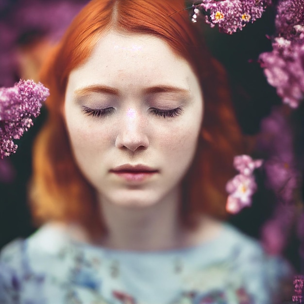 Portret rudej kobiety z zamkniętymi oczami i kwiatami w tle renderowania 3d