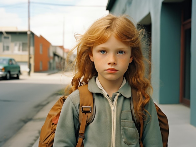 portret rudowłosej dziewczyny z plecakiem na ulicy Generacyjna AI