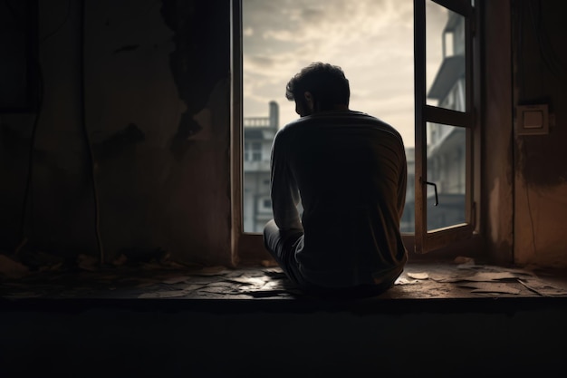 Portret samotności Depresyjny mężczyzna na parapecie