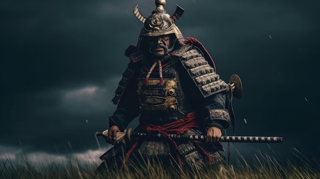 Portret samuraja w tradycyjnej zbroi z kataną Generative AI