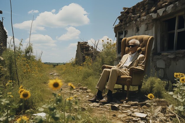 Zdjęcie portret siwych włosów starca w okularach przeciwsłonecznych siedzącego na krześle na polu w pobliżu zniszczonego domu