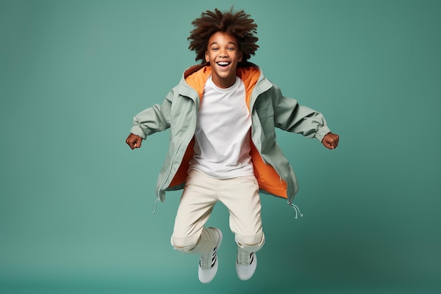 Portret skaczącego afroamerykańskiego nastolatka na zielonym tle