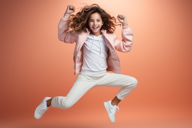 Portret skaczącej nastolatki na kolorowym tle