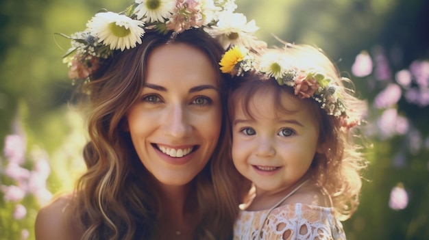 Portret śliczna mała dziewczynka i mama nosząca kwiatową koronę uśmiechając się i świętując dzień matki