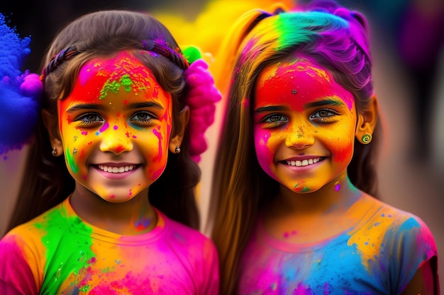 Portret ślicznej dziewczyny malowanej w barwach festiwalu Holi