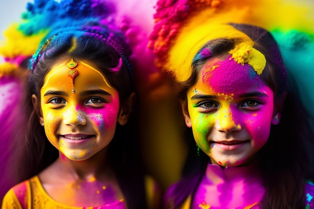 Portret ślicznej dziewczyny malowanej w barwach festiwalu Holi