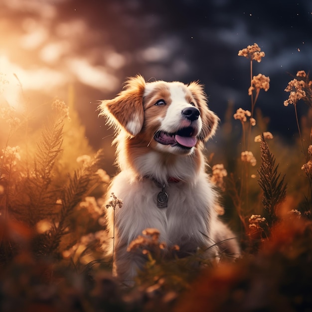 Portret słodkiego psa pozującego w przyrodzie przy zachodzie słońca