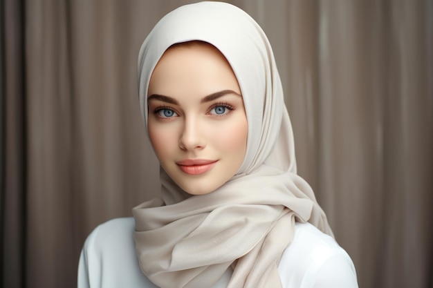 Portret słodkiej muzułmańskiej kobiety z niebieskimi oczami noszącej biały hidżab na tle zasłon