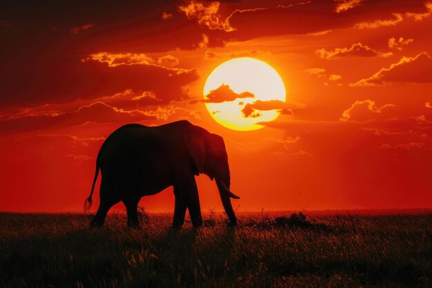 Zdjęcie portret słonia na tle zapierającego dech w piersiach afrykańskiego zachodu słońca