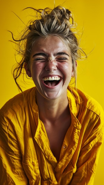 Zdjęcie portret śmiejącej się młodej kobiety na żółtym tle zdjęcie stockowe