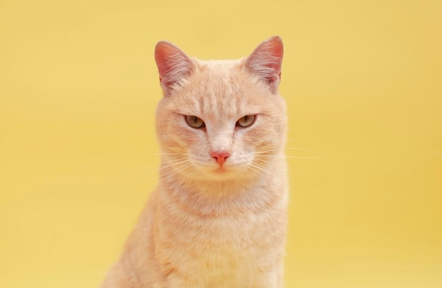 Portret śmiesznego kota w paski w tle w studio Miejsce do kopiowania tekstu Wyróżnione na jednolitym żółtym tle Pojęcie zwierząt domowych