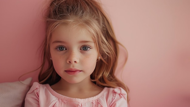 Portret smutnej dziewczynki na pastelowo-różowym tle