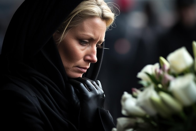 Zdjęcie portret smutnej kobiety z bukietem kwiatów na pogrzebie