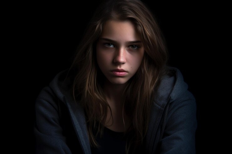 Zdjęcie portret smutnej nastoletniej dziewczyny na ciemnym tle fotografii ciemnego światła