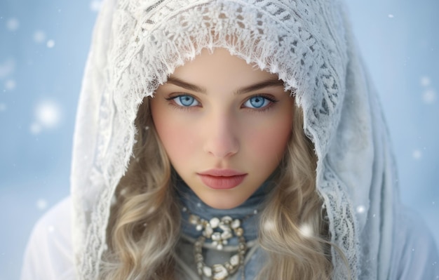 Portret Śnieżnej Dziewicy na śnieżnym tle