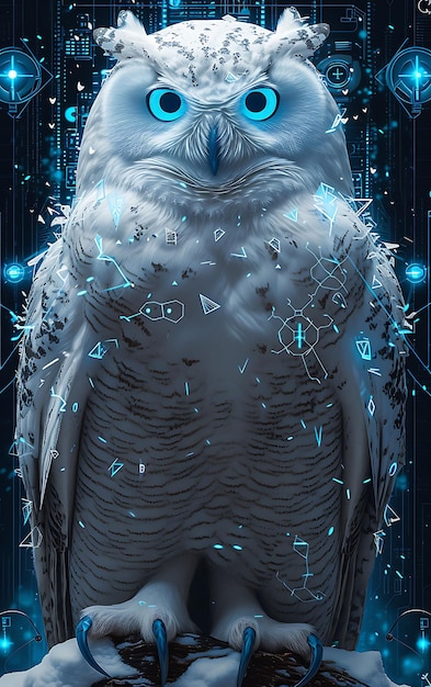 Portret śnieżnej sowy z cybernetycznymi ulepszeniami skrzydeł Światłe niebieskie oczy Cyber poster Banner Flyer