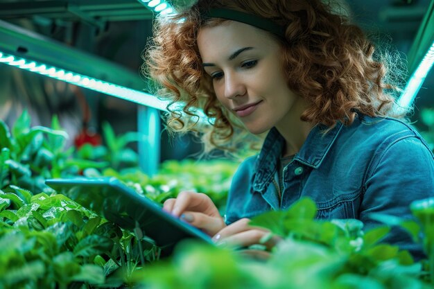 Portret specjalisty technicznego w zakresie rolnictwa pionowego pracującego w obiekcie z ultrafioletowymi światłami LED Kobieta inżynier hydroponiki korzystająca z tabletu w celu optymalizacji potencjału wzrostu upraw