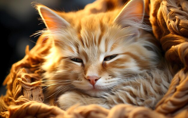 portret śpiącego czerwonego kota w kocu