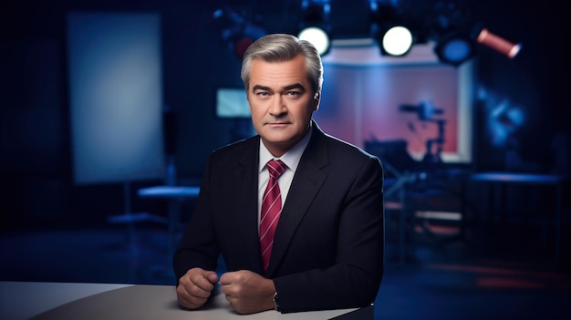 portret spikera telewizyjnego w wiadomościach nowoczesnego studia telewizyjnego