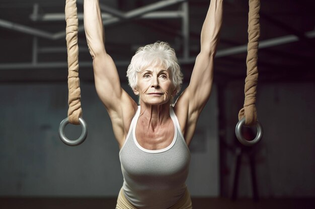 Portret sportowej siwowłosej kobiety trenującej w siłowni Koncepcja fitness i kulturystyki