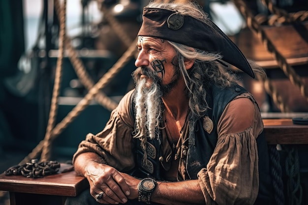 Portret średniowiecznego pirata w kostiumie i kapeluszu na pokładzie statku Generative AI