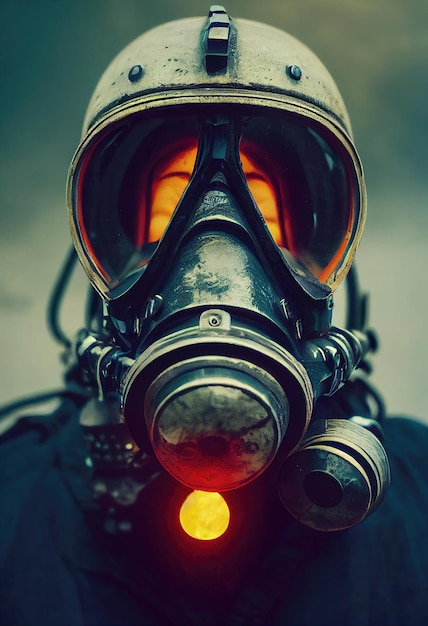 Portret stalkera w hazmacie i noszącego starą maskę gazową na tle apokaliptycznym