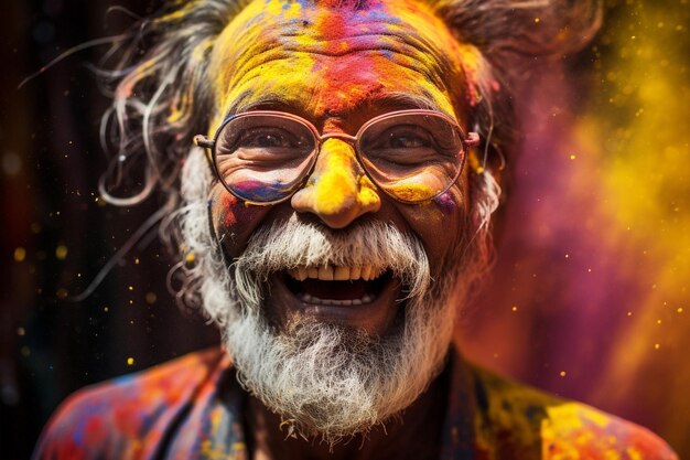 Portret starca w kolorowym proszku na indyjskiej ulicy festiwalu Holi