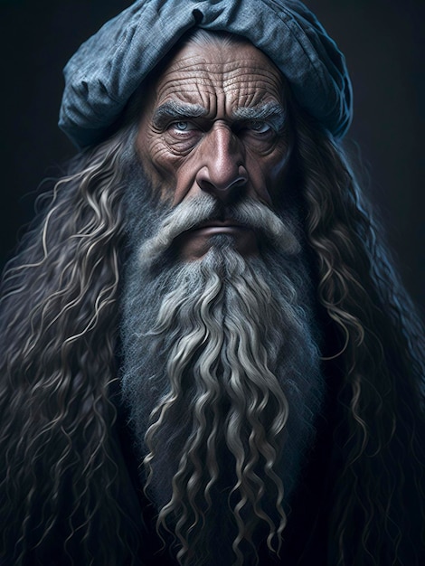 Portret starca w niebieskim kapeluszu.