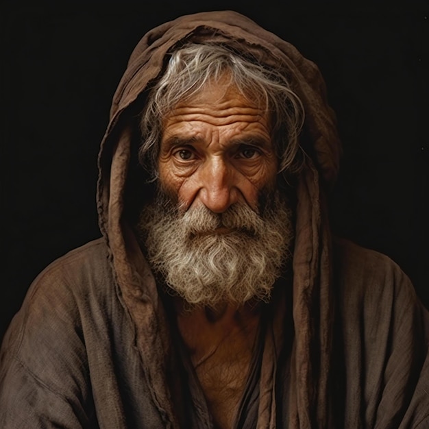 Portret starca z białą brodą i wąsami na czarnym tle