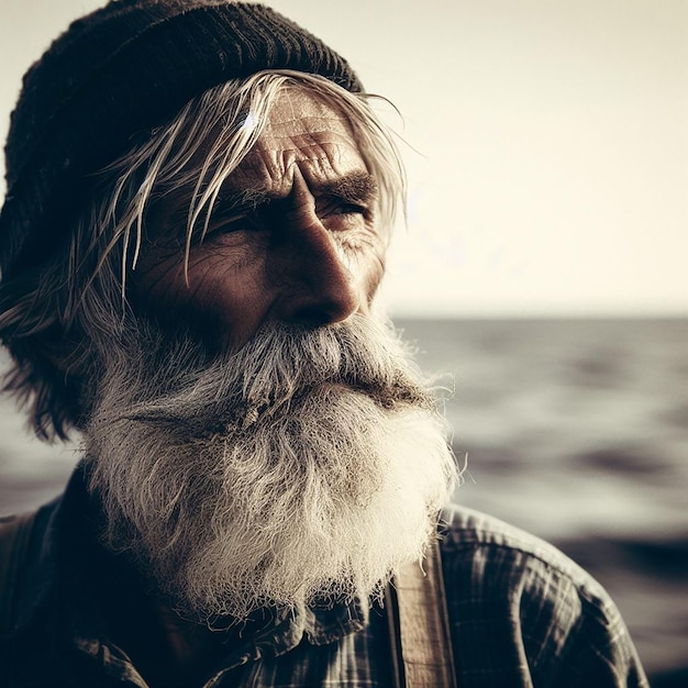 Portret Starego Rybaka Na Morzu Używającego światła Naturalnego Do Podkreślenia Wytrzymałych Tekstur