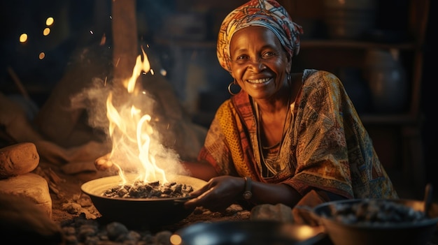 Portret starej afrykańskiej kobiety siedzącej przy ognisku w swojej kuchni Zanzibar Tanzania