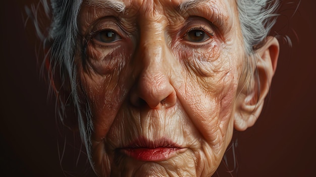 Zdjęcie portret starej kobiety z plamami i plamami wiekowymi, a jej włosy są białe.