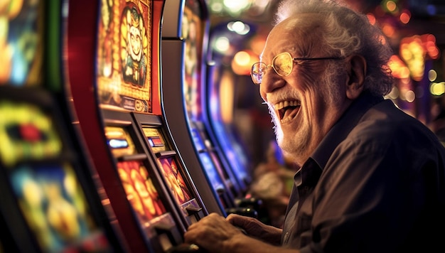 Portret starszego hazardzisty grającego na automacie w automatach kasynowych w las vegas dziadku