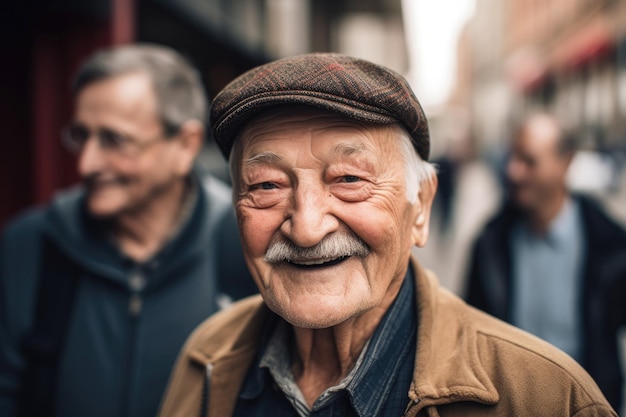Portret starszego mężczyzny cieszącego się dniem w mieście z przyjaciółmi stworzony za pomocą generatywnej sztucznej inteligencji