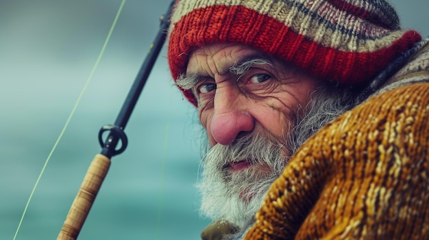 Portret starszego mężczyzny łowiącego rybą w zimie
