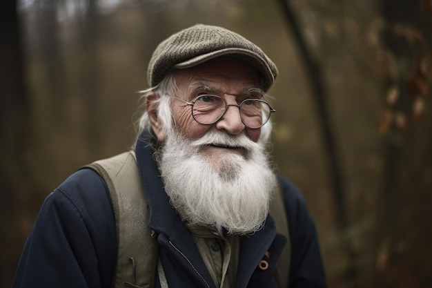 Portret starszego mężczyzny na spacerze w lesie stworzony za pomocą generatywnej sztucznej inteligencji