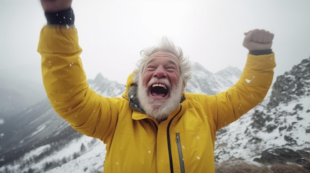 Portret starszego mężczyzny śmiejącego się i świętującego na szczycie góry