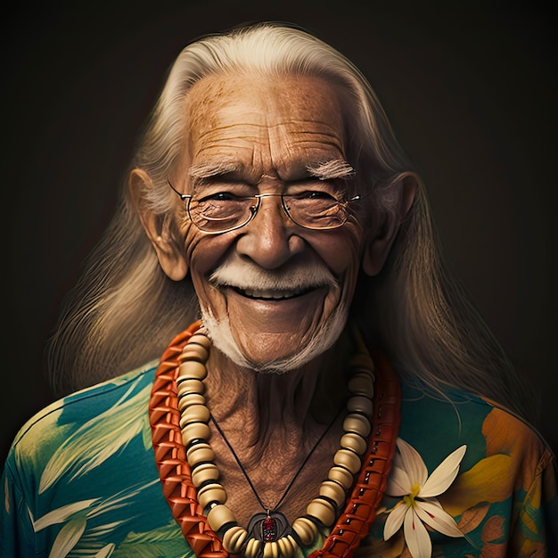 Portret starszego mężczyzny w jego 6039 z długimi włosami i hawajską koszulą