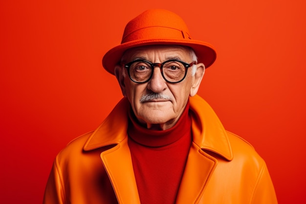 Portret starszego mężczyzny w pomarańczowym płaszczu i okularach na czerwonym tle