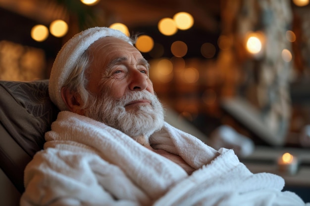 Portret starszego mężczyzny w szlafroku w spa