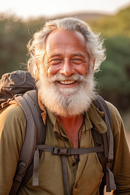 Portret starszego mężczyzny wędrującego po górach z plecakiem patrzącego na kamerę i uśmiechającego się