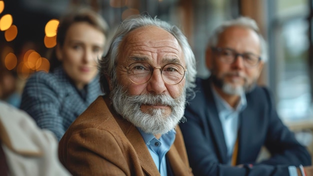 Portret starszego mężczyzny z brodą na spotkaniu biznesowym