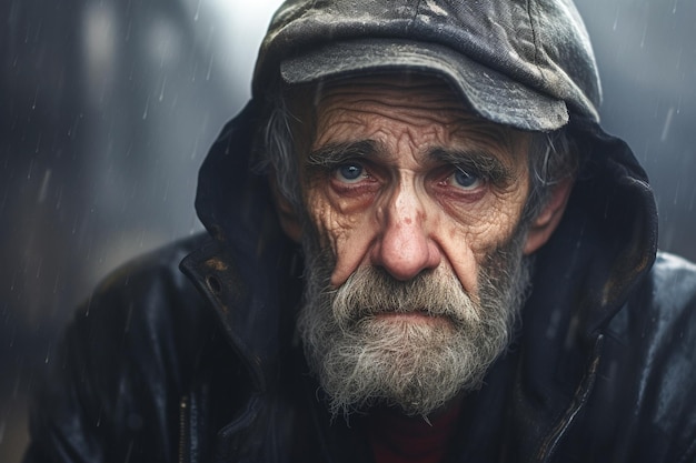 Portret starszego mężczyzny z samotnością i depresją w smutnych oczach