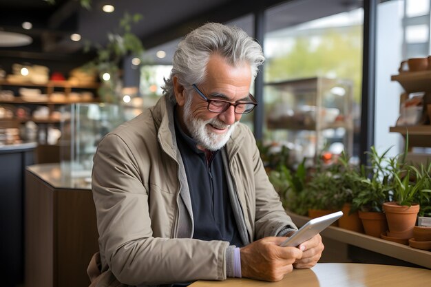 Portret starszego mężczyzny za pomocą cyfrowego tabletu siedząc przy stole w kawiarni