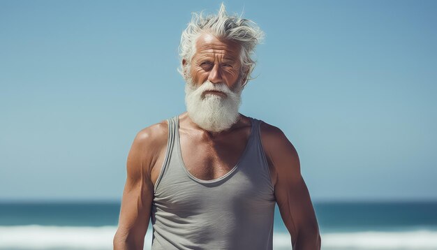 Portret starszego, nadmuchanego mężczyzny na tle plaży